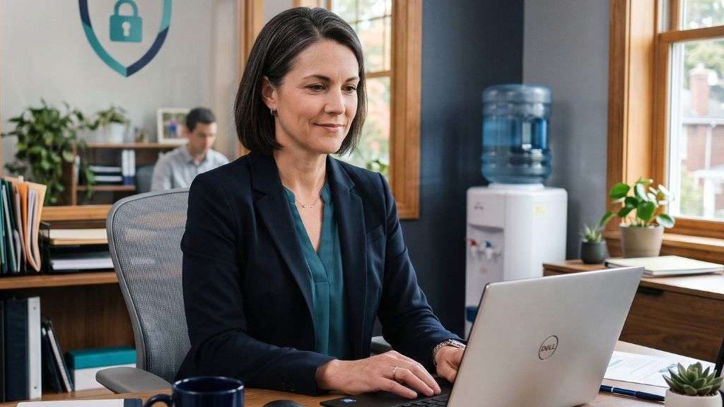 Small business owner reviewing cybersecurity on a laptop